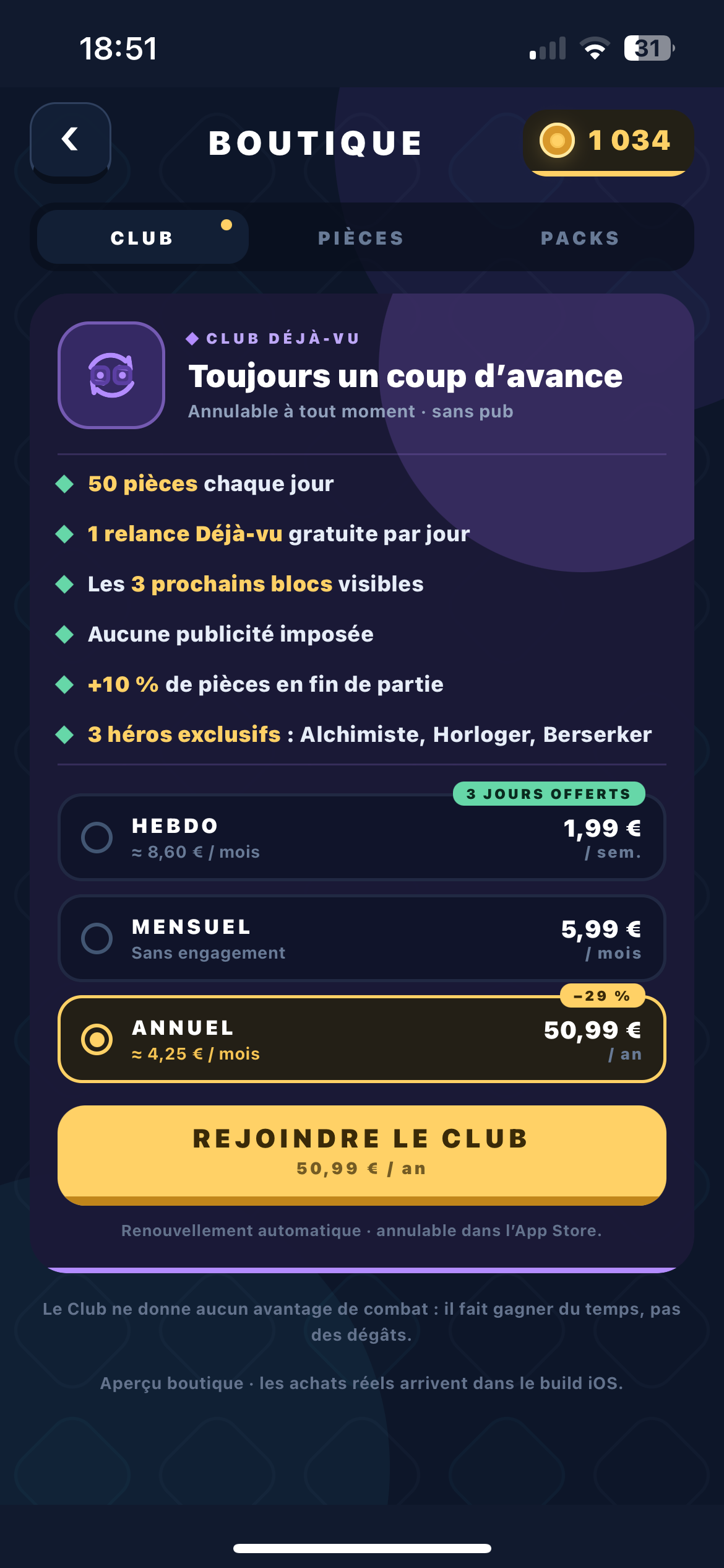 Écran Boutique du Club Déjà-vu : avantages et abonnements hebdomadaire, mensuel et annuel
