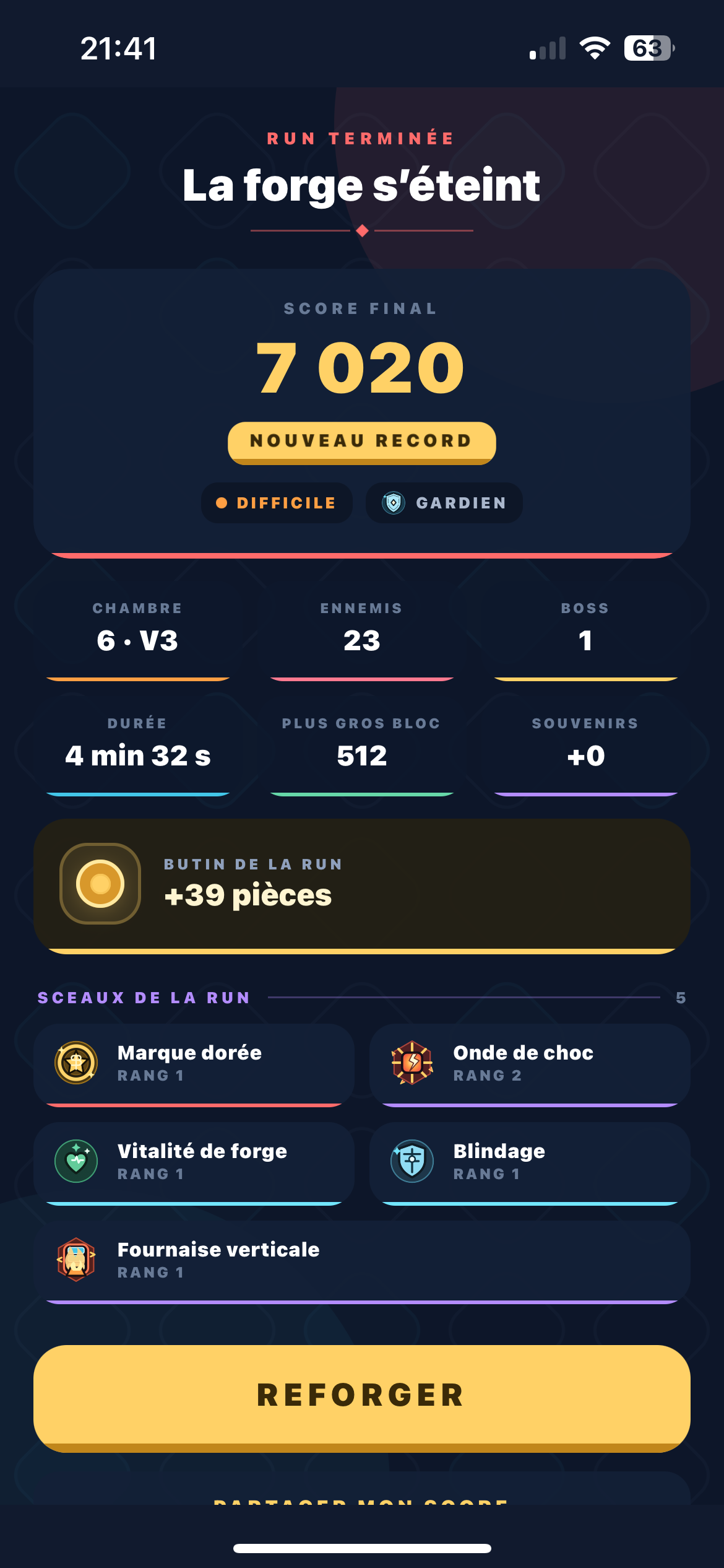 Écran de fin de run : score final, nouveau record et Sceaux gravés durant la run
