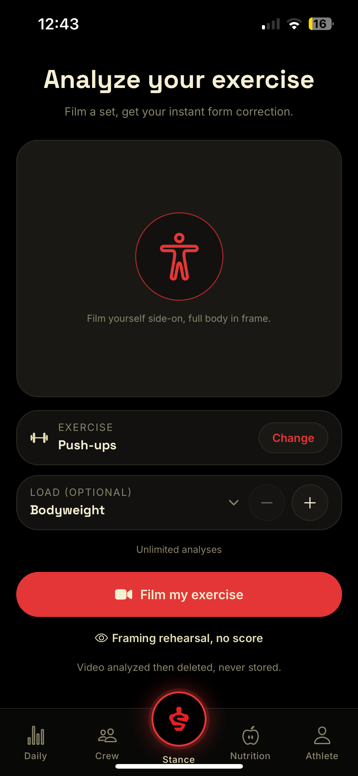 Stance exercise analysis screen