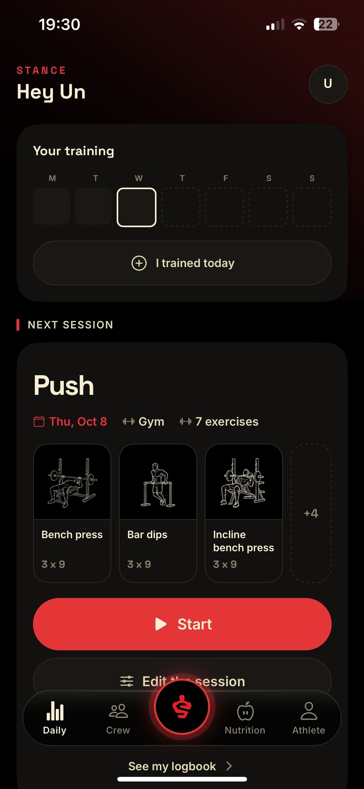 Stance daily screen with next Push session